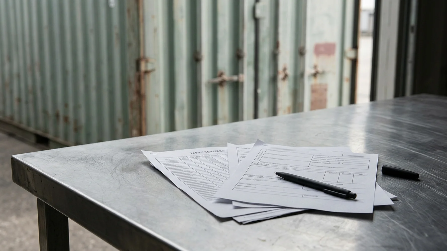 Customs declaration forms and a tariff schedule fanned out next to a shipping container door at a port