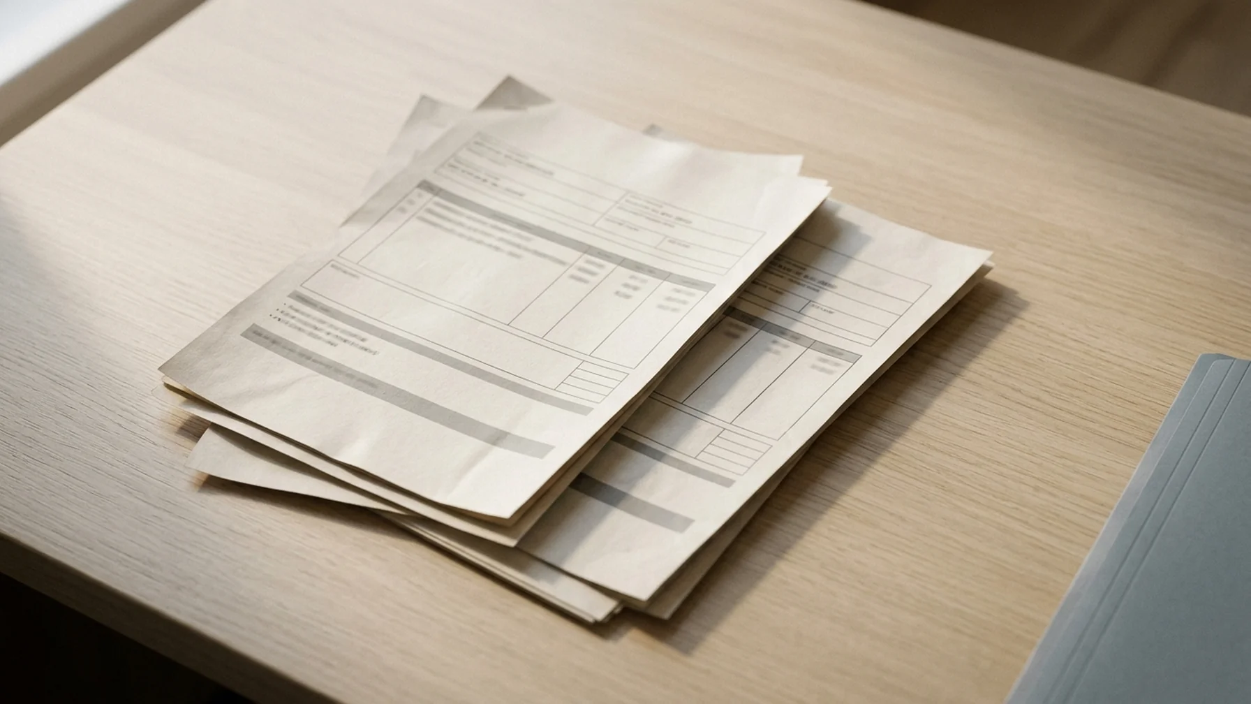 A commercial invoice, packing list and bill of lading stacked with a bank payment instruction on an office desk