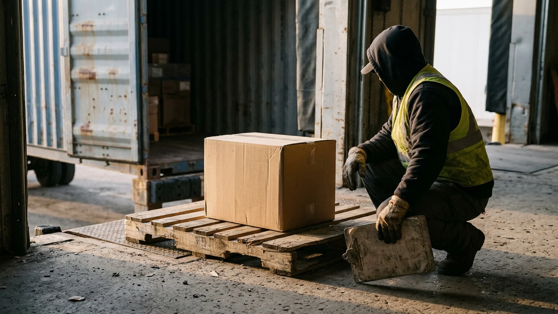 A dock worker checking a sealed carton on a pallet beside an open container door, clipboard in hand, morning light on the concrete