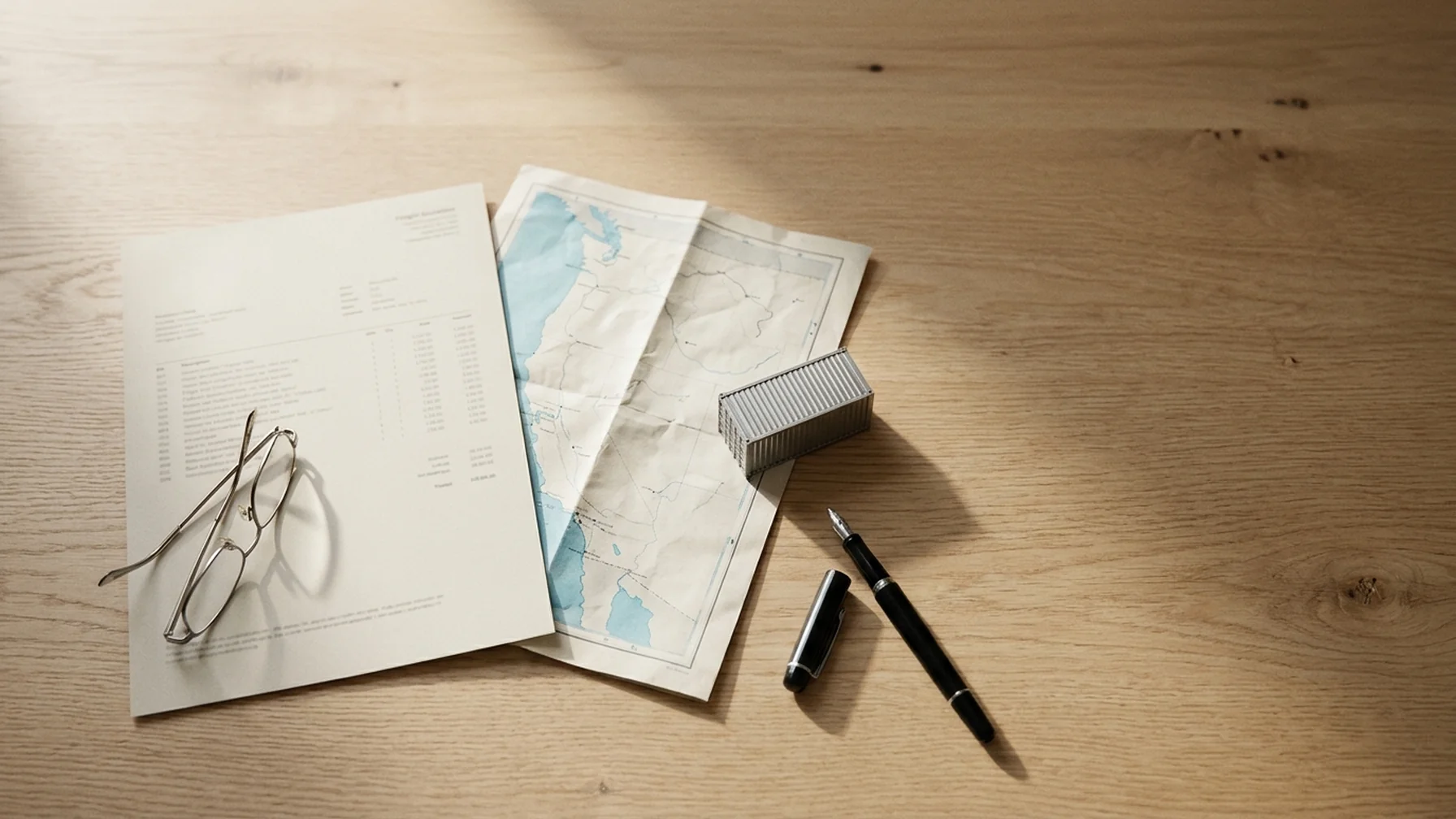 Two people at a wooden desk comparing a printed shipping quotation with a route map, a small container model and a pen resting on the papers