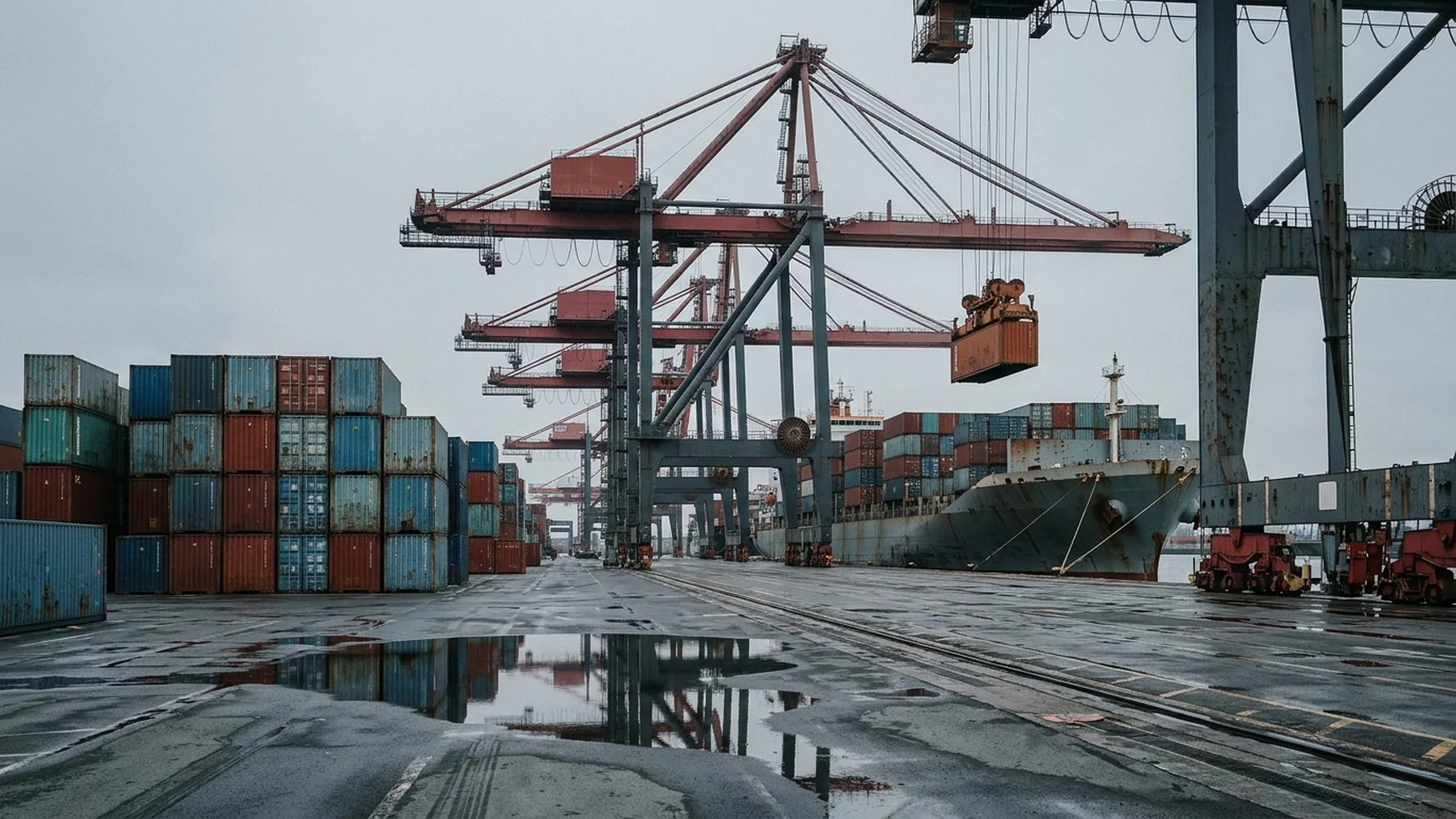 A container ship being loaded at a quayside with gantry cranes, stacked containers in the foreground and an overcast sky