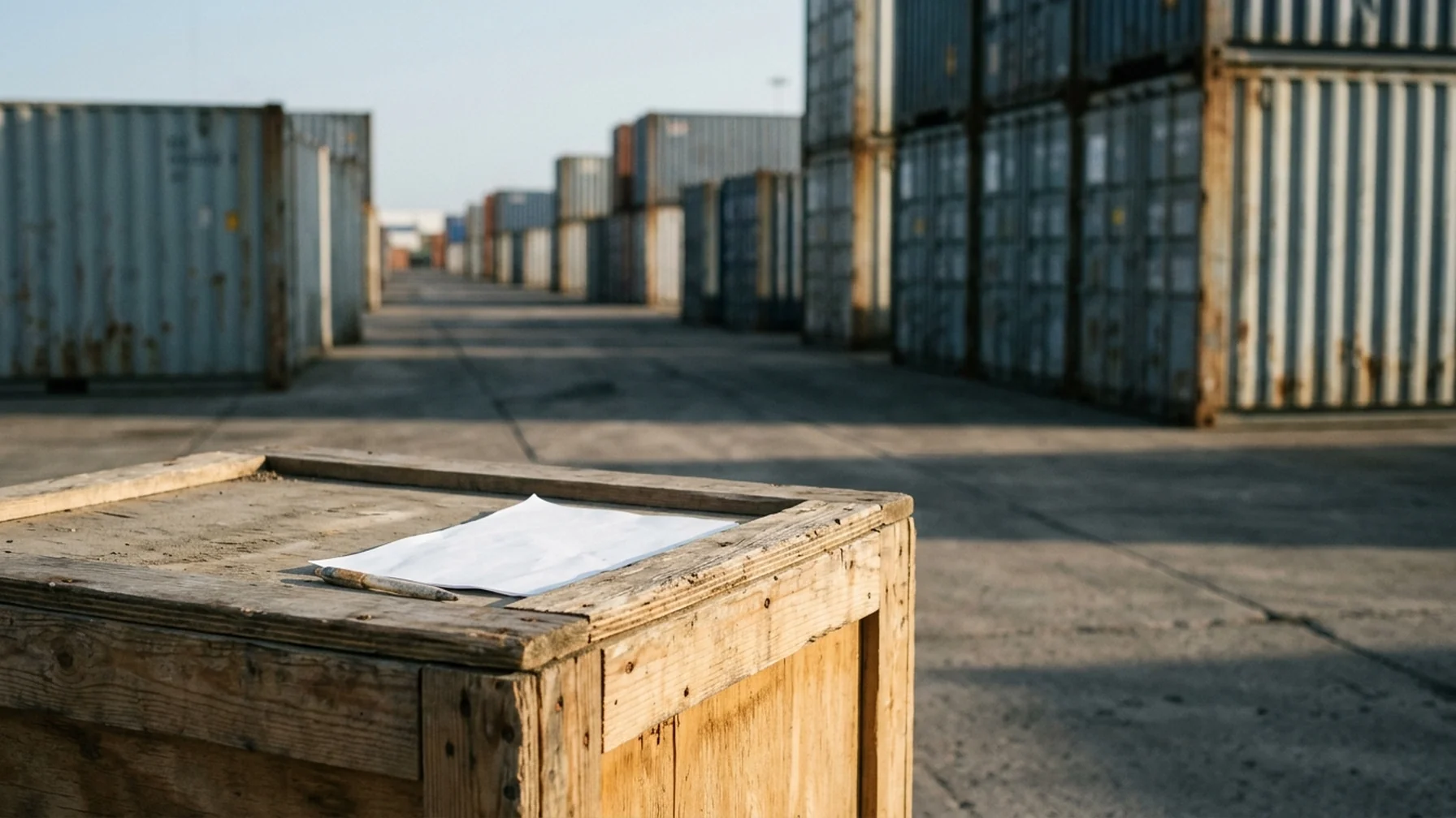 Shipping containers stacked at a port terminal, with a clipboard of import paperwork resting on a wooden crate in the foreground