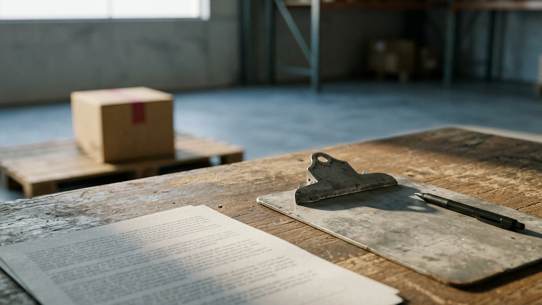 Shipping documents and a printed contract on a warehouse desk beside a packed pallet, with daylight from a high window