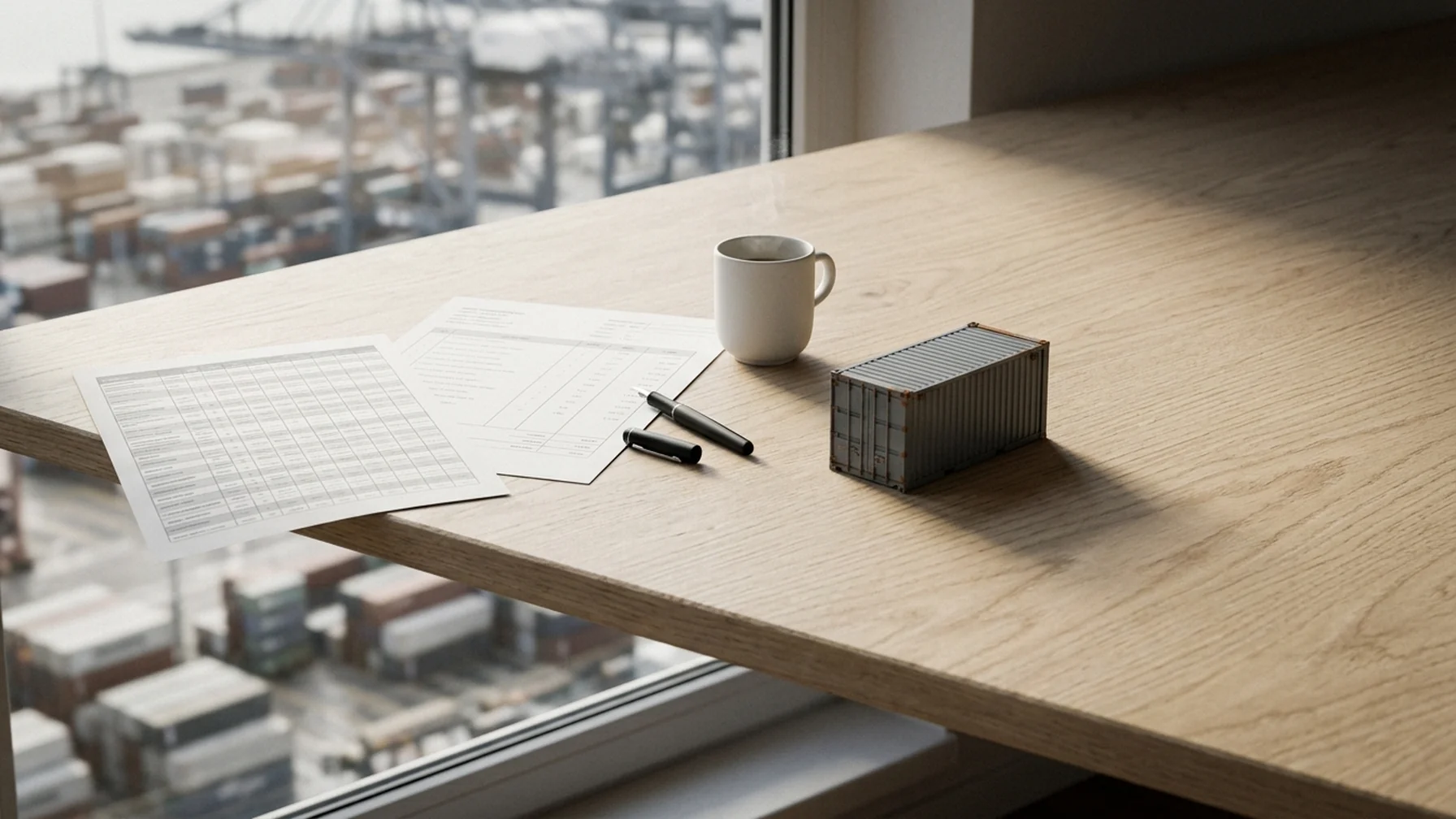 Shipping documents and a printed Incoterms chart on a desk beside a container yard window, with a pen resting on a freight quote